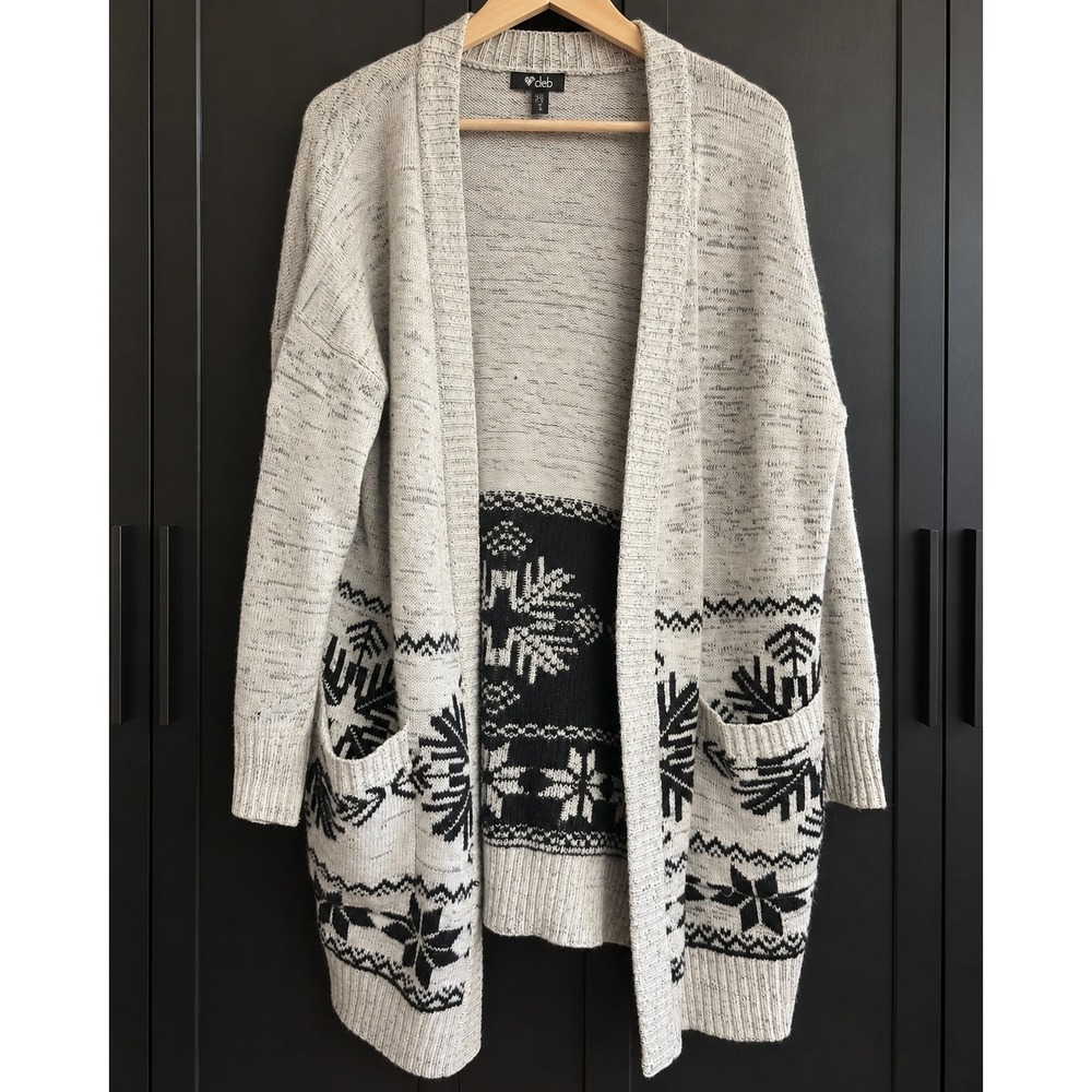 Deb Shops Womens 1X Cardigan Sweater Gray Black Fair Isle Snowflake Open Front